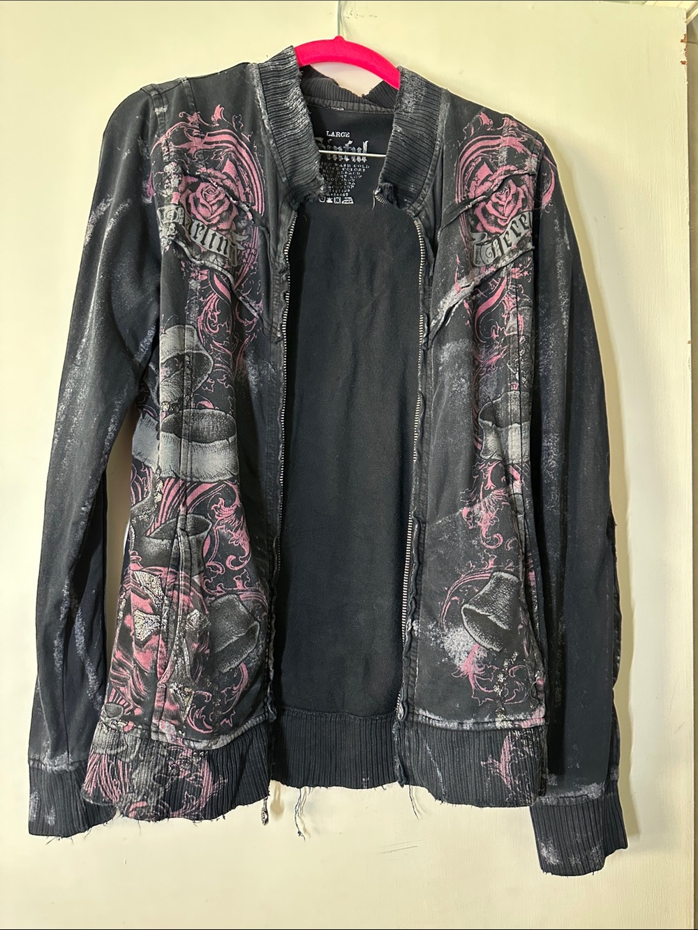 Sinful Black and Pink Floral Graphic Bomber Jacket ( Price Locked )